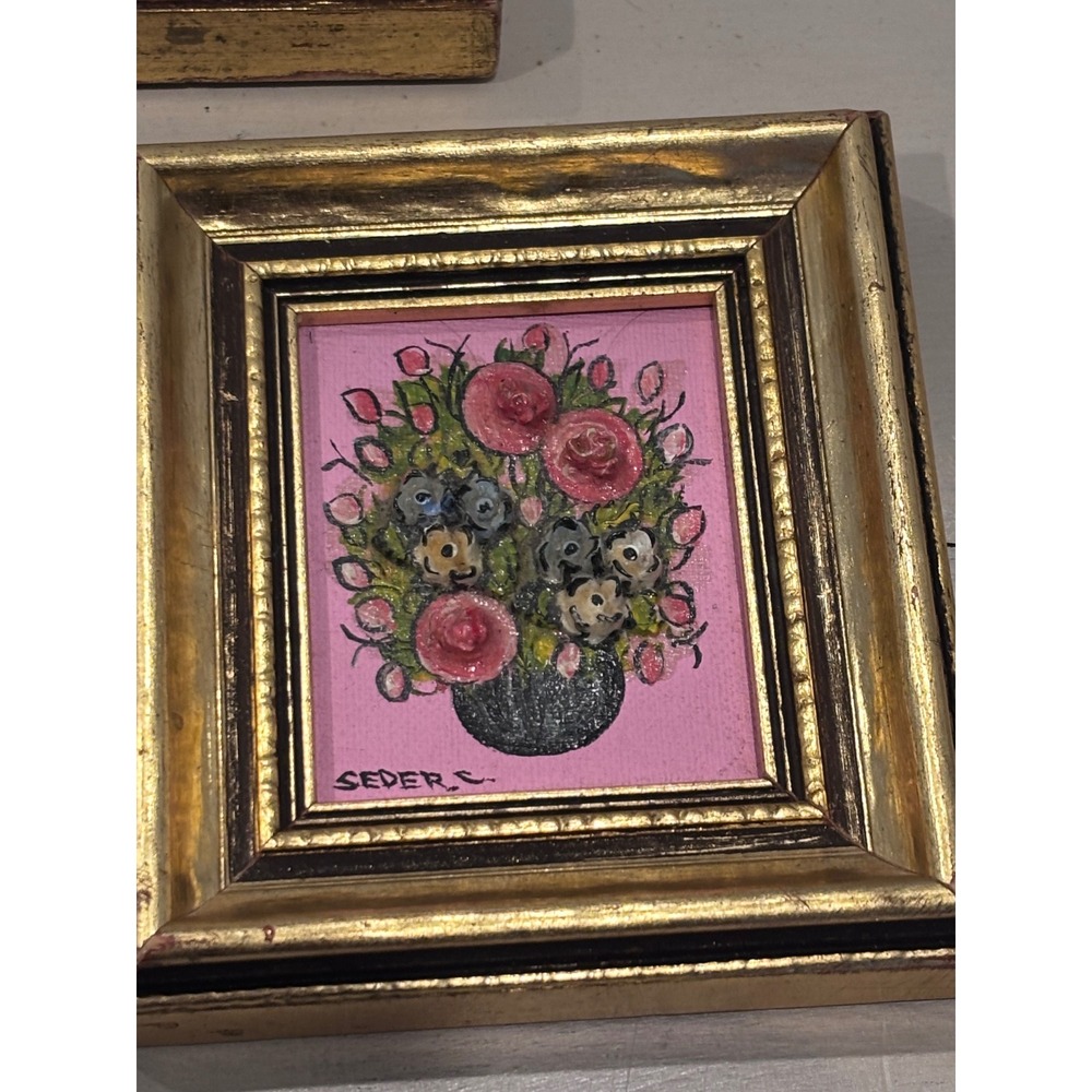 Seder C Signed Miniature Floral Oil Paintings Set of 3 Gold Ornate Frames Art - Picture 5 of 12